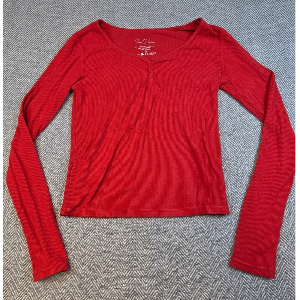 Free Haven Red Ribbed Long Sleeve Henley Top V-Neck Slim Fit Small
